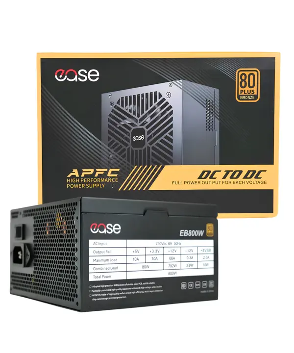 Ease EB800 800W 80 Plus Bronze Power Supply | Active PFC, Unique SMD DC-to-DC Circuit, 120mm Silent Fan & Sleek Black Flat Ribbon Cables