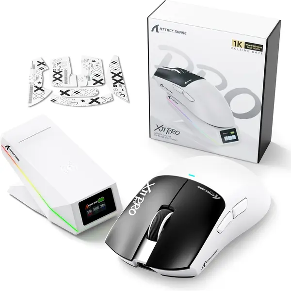 Attack Shark X11 PRO V2 Tri-Mode Wireless Mouse with TFT LCD RGB Dock – Black & White