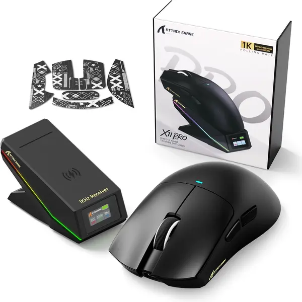 Attack Shark X11 PRO V2 Tri-Mode Wireless Mouse with TFT LCD RGB Dock – Black