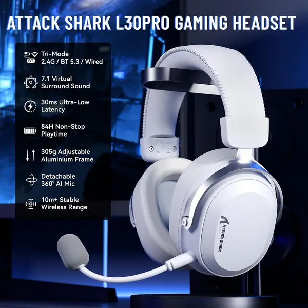 Attack Shark L30 PRO Tri-Mode Wireless Gaming Headset – Pure White