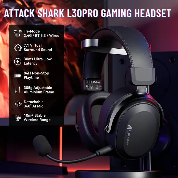 Attack Shark L30 PRO Tri-Mode Wireless Gaming Headset – Black
