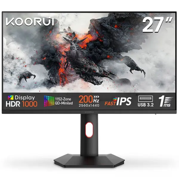 KOORUI S2721PM 27" QHD 2K 200Hz QD Mini LED Gaming Monitor | 1152-Zone FALD | HDR1000 | 97% DCI-P3 | FreeSync Premium & G-Sync Compatible