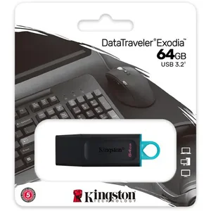 Kingston 64GB DataTraveler Exodia USB 3.2 Gen 1 Flash Drive (Black / Teal Loop) | Model: DTX/64GB, High-Speed USB 3.2 Type-A, Protective Cap Design, Keyring Loop & Multi-OS Compatibility
