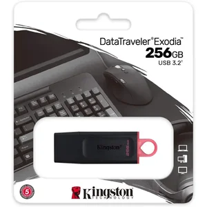 Kingston 256GB DataTraveler Exodia USB 3.2 Gen 1 Flash Drive (Black / Pink Loop) | Model: DTX/256GB, High-Speed USB 3.2 Type-A, Protective Cap Design, Keyring Loop & Multi-OS Compatibility