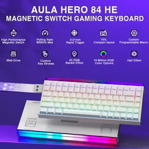 AULA HERO 84 HE Magnetic Switch Gaming Keyboard (White Contour | Model: HERO84 HE, 75% Compact 84-Key Layout, Pre-Lubed Black Emperor Magnetic Hall Effect Switches, 8000Hz Polling Rate, 0.01mm Rapid Trigger & Dynamic Keystroke (DKS), 5-Layer Sound Da