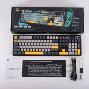 AULA F108 Pro Tri-Mode Wireless Full-Size Mechanical Gaming Keyboard (Grey & Yellow Edition) | Model: F108 Pro, 108-Key 100% Full-Size Layout, Pre-Lubed Greywood V3 / LEOBOG Linear Switches, Gasket Mount Structure, 5-Layer Acoustic Sound Dampening, C