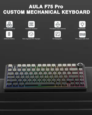 AULA F75 Pro 75% Tri-Mode Wireless Mechanical Keyboard – Gray Gradient – Reaper Switch (Gasket Mount / Multi-Function Metal Knob / Side-Printed PBT / 4000mAh Battery / South-Facing RGB / Hot-Swappable)