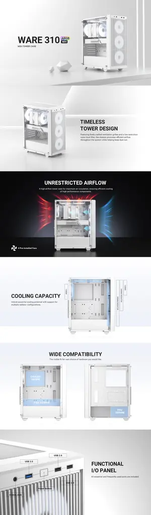 ID-COOLING WARE 310 ARGB WHITE Micro-ATX PC Case | High-Airflow Mesh Front, Tempered Glass Side Panel, 3x Pre-Installed ARGB Fans & 240mm/280mm Radiator Support