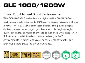 COUGAR GLE 1200W — 80 PLUS Gold | Fully Modular | ATX 3.1 | PCIe 5.1 | 12V-2X6 | Cybenetics Platinum