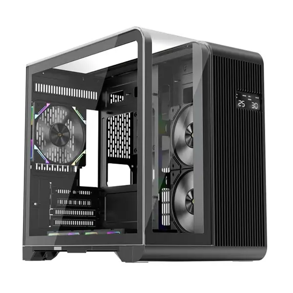 1st Player RT5 Black Gaming Case with Integrated Digital Display Screen, Tempered Glass Mid-Tower Chassis, Panoramic Showcase Design, High Airflow Gaming PC Case with Real-Time Display Panel
