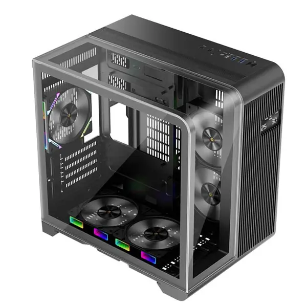 1st Player RT5 Black Gaming Case with Integrated Digital Display Screen, Tempered Glass Mid-Tower Chassis, Panoramic Showcase Design, High Airflow Gaming PC Case with Real-Time Display Panel