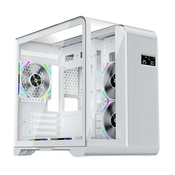 1st Player RT5 White Gaming Case with Integrated Digital Display Screen, Tempered Glass Mid-Tower Chassis, Panoramic Showcase Design, High Airflow Gaming PC Case with Real-Time Display Panel