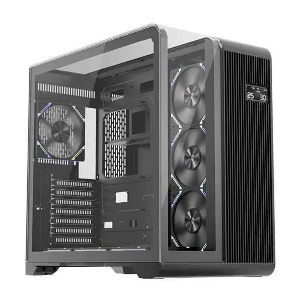 1st Player RT7 Black Gaming Case with Digital Display, Panoramic Tempered Glass Mid-Tower Chassis with Integrated Display Panel