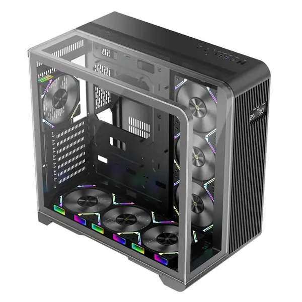 1st Player RT7 Black Gaming Case with Digital Display, Panoramic Tempered Glass Mid-Tower Chassis with Integrated Display Panel