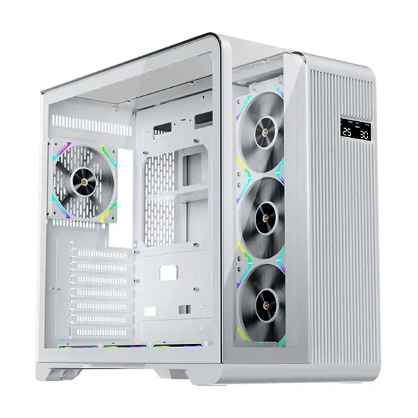 1st Player RT7 White Gaming Case with Digital Display, Panoramic Tempered Glass Mid-Tower Chassis with Integrated Display Panel