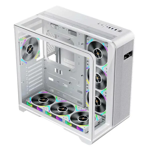 1st Player RT7 White Gaming Case with Digital Display, Panoramic Tempered Glass Mid-Tower Chassis with Integrated Display Panel