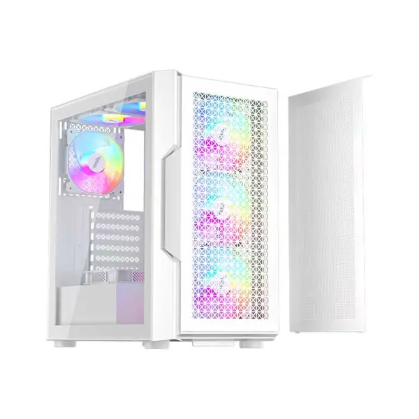 1st Player T7 White ARGB Gaming Case, Tempered Glass Mid-Tower Chassis with Pre-Installed ARGB Fans and High Airflow Design