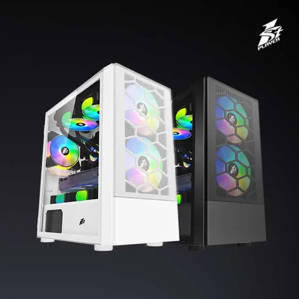 1st Player X4-M Black ARGB Gaming Case, Tempered Glass Micro-ATX Chassis, Addressable RGB Lighting Support, High Airflow Compact Gaming PC Case