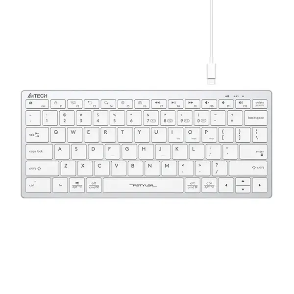 A4Tech FBX51C Mini Slim Bluetooth & 2.4GHz Wireless Rechargeable Keyboard, Switch Up to 4 Devices, Scissor Switch Keys, USB Type-C Charging, Compact Lightweight Design, White Edition