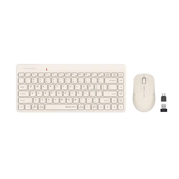 A4Tech FG2200 Air2 QuietKey Multimedia 2.4GHz Wireless Keyboard and Mouse Combo Set, QuietKey Keyboard, Silent Click Mouse, Air Mouse Function, 2000 DPI Adjustable Sensor, Beige Edition