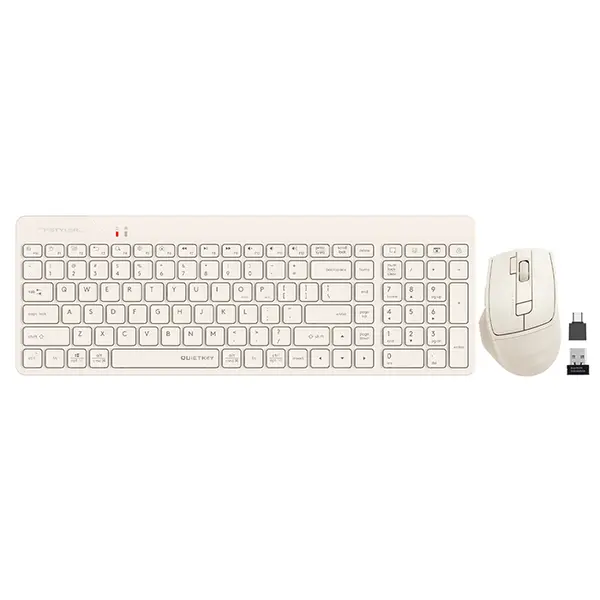 A4Tech FG2400 Air2 QuietKey Multimedia 2.4GHz Wireless Keyboard and Mouse Combo Set, QuietKey Keyboard, Silent Click Mouse, 2000 DPI Adjustable Sensor, Air Mouse Function, Beige Edition