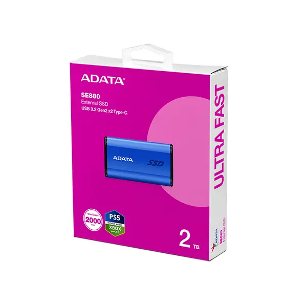 ADATA SE880 2TB External SSD Black/Blue, USB 3.2 Gen2x2 Type-C Portable SSD, 2000MB/s Read Write Speed, Compact Lightweight Design