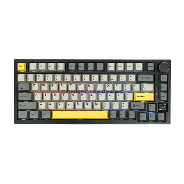 AJAZZ AK820 PRO Grey Yellow 75% Wireless Mechanical Keyboard, 81 Keys + Rotary Knob, 0.85-Inch TFT Display, Tri-Mode Bluetooth 5.1 2.4GHz & USB-C Wired, Gasket Mount, Hot-Swappable Switches, PBT Keycaps, RGB Backlight & 4000mAh Battery