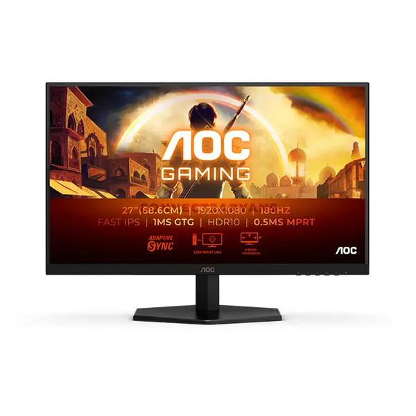 AOC 27G42E 27-Inch FHD Fast IPS Gaming Monitor, 1920×1080, 180Hz Refresh Rate, 1ms GtG, 0.5ms MPRT, Adaptive Sync, G-SYNC Compatible, HDR10, 300 Nits, HDMI 2.0 & DisplayPort 1.4