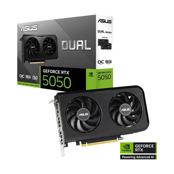 ASUS DUAL GeForce RTX 5050 OC Edition 8GB GDDR6 Graphics Card, 2677MHz Boost Clock, NVIDIA Blackwell Architecture, 8GB GDDR6 Memory, Dual Fan Cooling Design, PCIe 5.0 Interface, Factory Overclocked Compact Gaming GPU