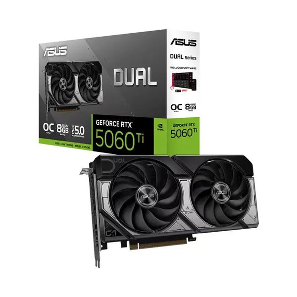 ASUS DUAL GeForce RTX 5060 Ti OC Edition 8GB GDDR7 Graphics Card, 2602MHz Boost Clock, NVIDIA Blackwell Architecture, 8GB GDDR7 Memory, Dual Fan Cooling Design, PCIe 5.0 Interface, Factory Overclocked Compact Gaming GPU