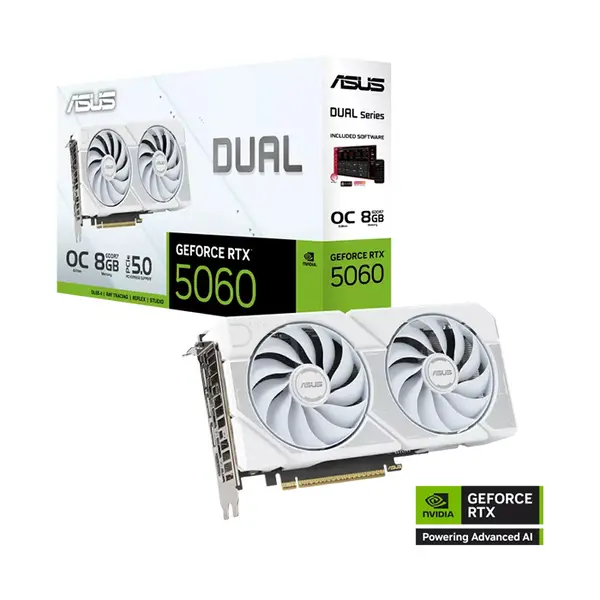 ASUS DUAL GeForce RTX 5060 White OC Edition 8GB GDDR7 Graphics Card, 2565MHz Boost Clock, NVIDIA Blackwell Architecture, 8GB GDDR7 Memory, Dual Fan Cooling Design, PCIe 5.0 Interface, Factory Overclocked White Edition Gaming GPU