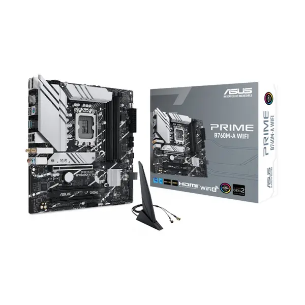 ASUS PRIME B760M-A WIFI Micro-ATX Motherboard, Intel B760 Chipset, LGA1700 Socket, DDR5 Memory Support, PCIe 4.0 Expansion, WiFi Connectivity, Comprehensive Cooling Controls, Mainstream Performance Motherboard