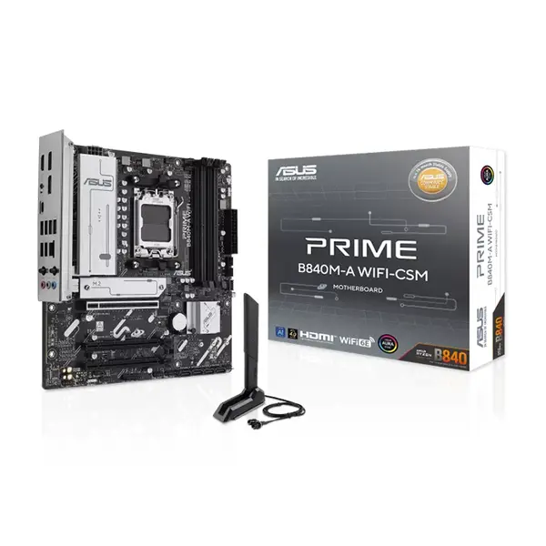 ASUS PRIME B840M-A WIFI CSM Micro-ATX Motherboard, AMD B840 Chipset, AM5 Socket, DDR5 Memory Support, PCIe 4.0 Expansion, WiFi Connectivity, ASUS Corporate Stable Model Business Motherboard