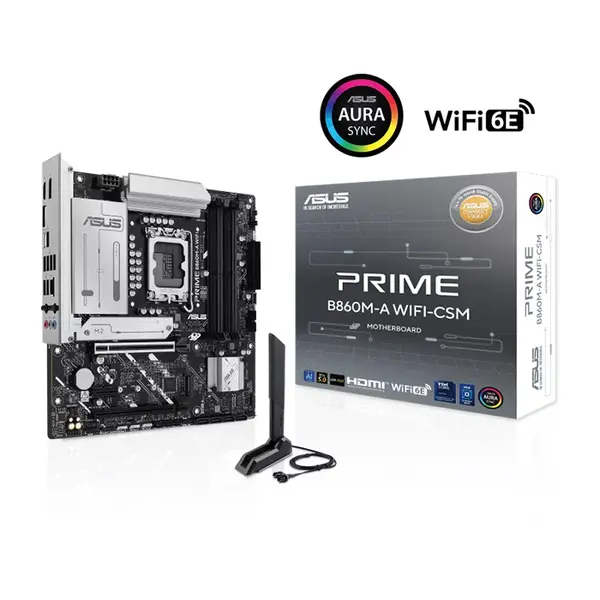 ASUS PRIME B860M-A WIFI-CSM Micro-ATX Motherboard, Intel B860 Chipset, LGA1851 Socket, DDR5 Memory Support, PCIe 5.0 Expansion, WiFi Connectivity, ASUS Corporate Stable Model Platform, Business and Productivity Motherboard
