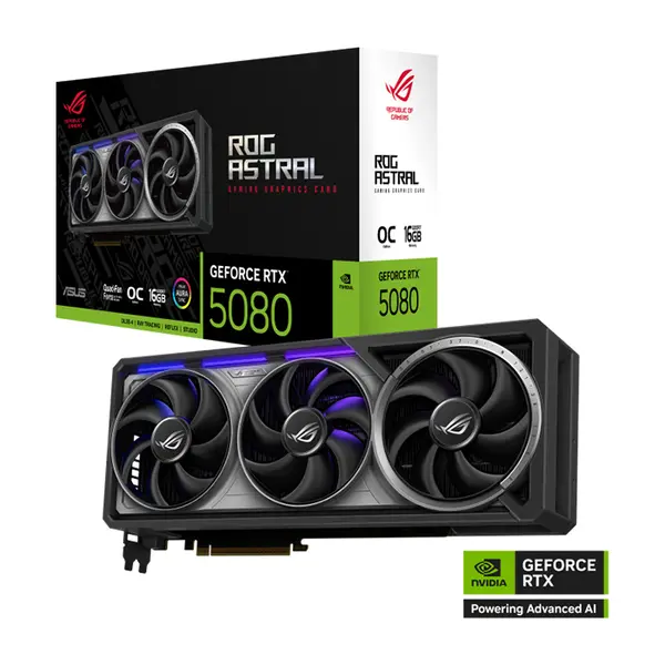 ASUS ROG Astral GeForce RTX 5080 OC Edition 16GB GDDR7 Graphics Card, 2790MHz Boost Clock, NVIDIA Blackwell Architecture, 16GB GDDR7 Memory, Quad Fan Cooling System, PCIe 5.0 Interface, Factory Overclocked Flagship Gaming GPU
