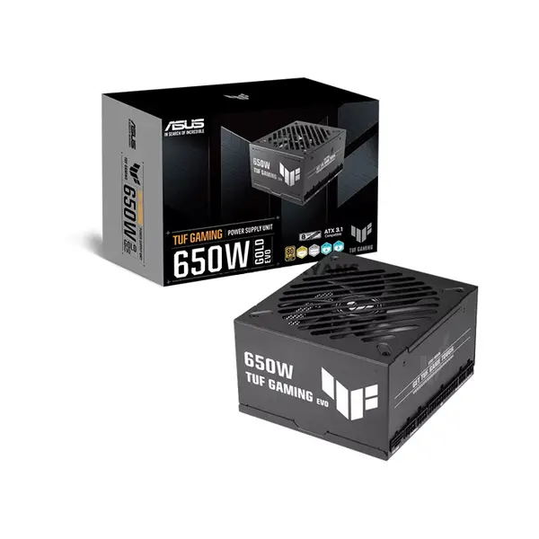 ASUS TUF Gaming 650W Gold EVO Power Supply, ATX 3.1, PCIe 5.1, 80 PLUS Gold, Cybenetics Platinum 230V, 135mm Dual-Ball Bearing Fan, 12V-2x6 16-Pin Connector, Active PFC, Premium Embossed Cables