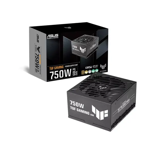 ASUS TUF Gaming 750W Gold EVO Power Supply, ATX 3.1, PCIe 5.1, 80 PLUS Gold + Cybenetics Gold, Fully Modular, 16-Pin PCIe Cable, 135mm Dual Ball Bearing Fan, Military-Grade Capacitors, Protective PCB Coating