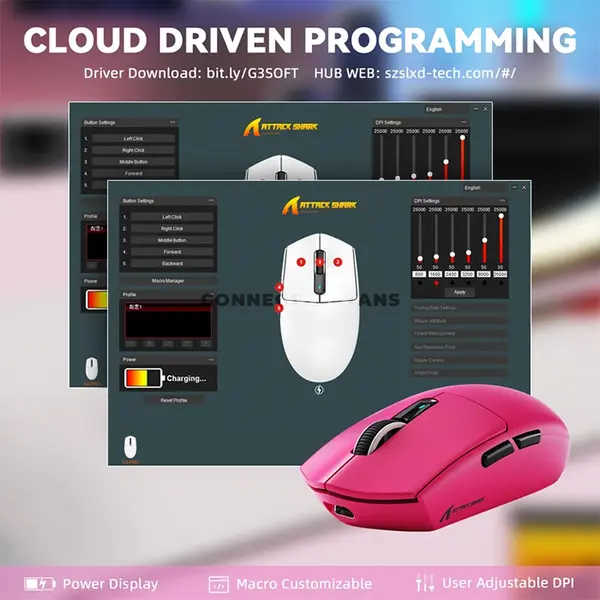 Attack Shark G3 PRO Berry Red Wireless Gaming Mouse with RGB Magnetic Charging Dock, PixArt PAW3311 Sensor, 25000 DPI, 59g±3g Ultra-Light Design, Tri-Mode Bluetooth 5.2 2.4GHz & USB-C Wired, 1000Hz Polling Rate, 400 IPS, 40G Acceleration, Omron 100 M
