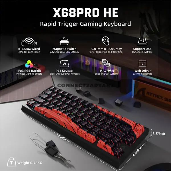 Attack Shark X68 PRO HE Black Red Contour 60% Wireless Magnetic Switch Gaming Keyboard, 66 Keys, Tri-Mode Bluetooth 2.4GHz & USB-C Wired, 8000Hz Polling, 0.01mm Rapid Trigger, 128K Scan Rate, Hot-Swappable, PBT Keycaps, RGB & 5000mAh Battery