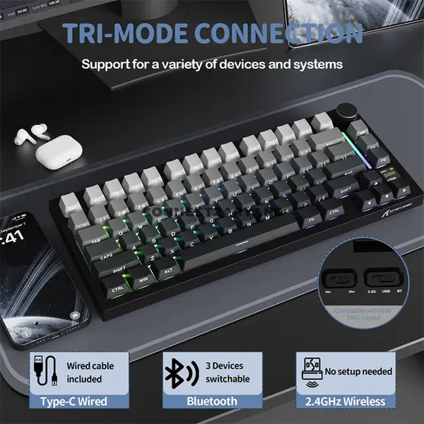 Attack Shark X820 Ultra Moon Night Black Gradient 75% Wireless Mechanical Gaming Keyboard, Gift Linear Switches, TFT Smart Display & Knob, Tri-Mode Bluetooth 5.1 2.4GHz & USB-C Wired, Gasket Mount, Hot-Swappable, RGB & 4000mAh Battery