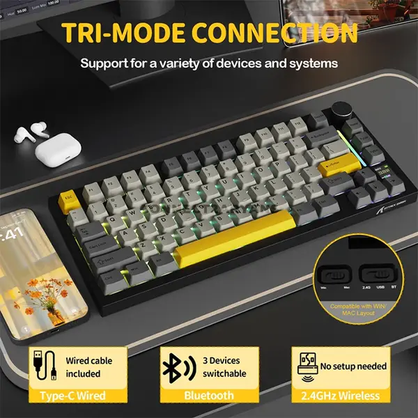 Attack Shark X820 Ultra Starry Black 75% Wireless Mechanical Gaming Keyboard, Gift Linear Switches, TFT Smart Display & Knob, Tri-Mode Bluetooth 5.1 2.4GHz & USB-C Wired, Gasket Mount, Hot-Swappable, RGB & 4000mAh Battery