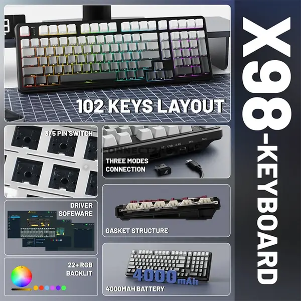 Attack Shark X98 Moonlight Night 98% Wireless Mechanical Gaming Keyboard, 102 Keys, Pre-Lubed Linear Strawberry Switches, Tri-Mode Bluetooth 5.0 2.4GHz & USB-C Wired, Upgraded Gasket Mount, 3/5-Pin Hot-Swappable, PBT Keycaps, South-Facing RGB & 4000m