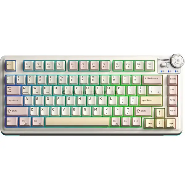 AULA AU75 Light Pink + White + Pale Yellow Tri-Mode Gasket Mechanical Keyboard, Bloomfield Switch, 75% 81-Key Layout, Hot-Swappable, RGB Lighting, PBT Keycaps, Multi-Function Knob, 2.4GHz / Bluetooth / Wired