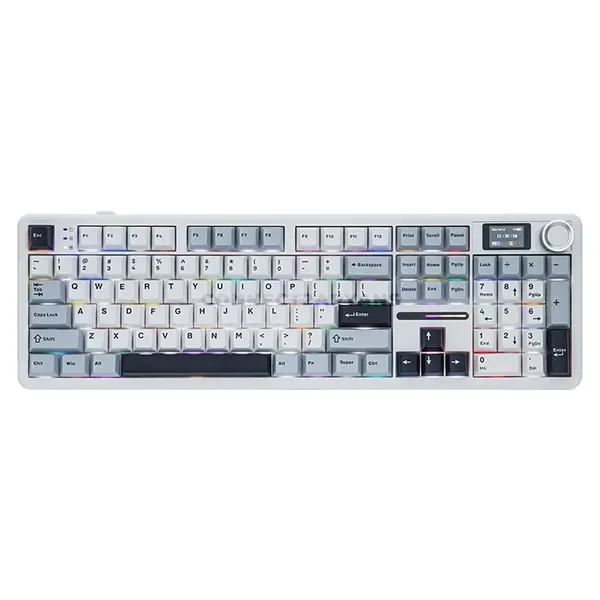 AULA F108 PRO White + Light Blue Tri-Mode Full-Size Mechanical Gaming Keyboard, LEOBOG Reaper Linear Switch, 104-Key Gasket Layout, Hot-Swappable, 1.14-Inch LCD Screen, RGB, 2.4GHz / Bluetooth 5.0 / USB-C, 8000mAh Battery
