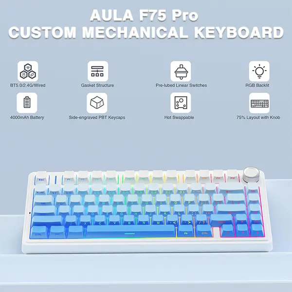 Aula F87 Pro Gradient Blue Wireless Mechanical Gaming Keyboard, Side-Engraved Keycaps, Gray Wood Switch V4, 8000mAh Battery, Tri-Mode Connectivity, RGB Backlighting, Hot-Swappable Keyboard