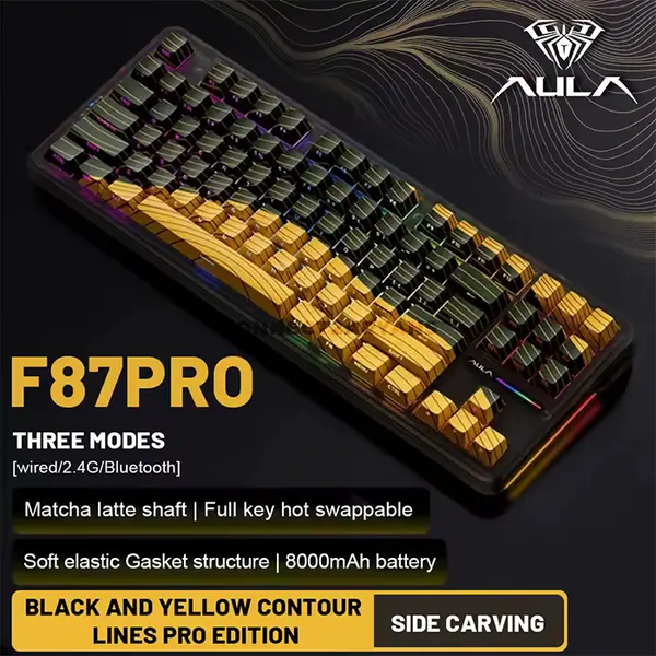 AULA F87 Pro Black + Yellow Contour Side-Engraved Tri-Mode Mechanical Gaming Keyboard, Matcha Latte Switch, 80% TKL 87-Key Gasket Layout, Hot-Swappable, RGB Backlight, PBT Keycaps, Bluetooth / 2.4GHz / USB-C