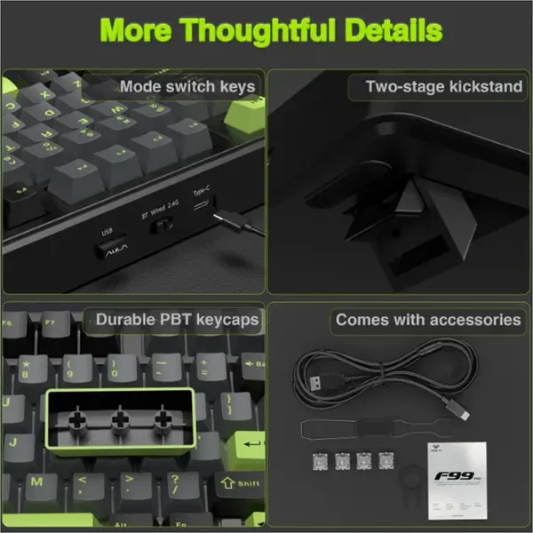 Aula F99 Pro Wireless Mechanical Gaming Keyboard Black White Green, Gray wood switch V3 Switches, 99-Key Compact Layout, Tri-Mode Connectivity, RGB Backlighting, Hot-Swappable Keyboard