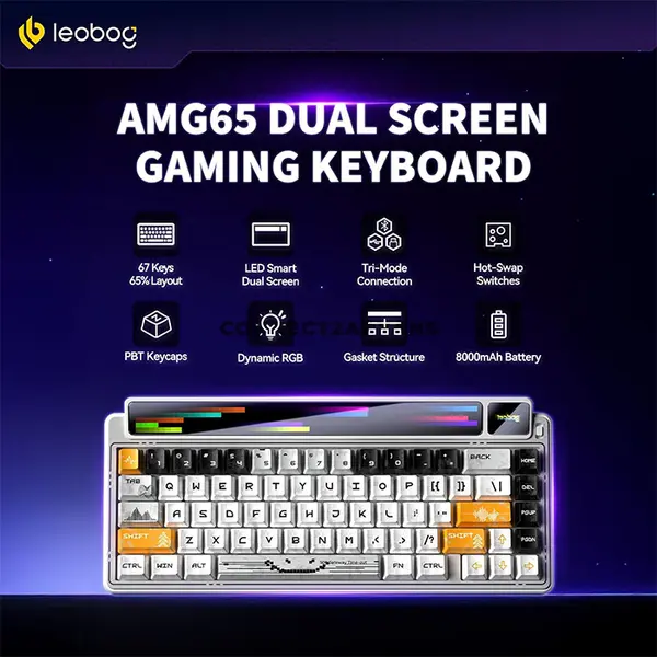 AULA-LEOBOG AMG65 White + Black + Orange Tri-Mode 65% Gasket Mechanical Gaming Keyboard, Silent Cotton Candy Switch, Hot-Swappable, RGB Dot Matrix Screen, 1.14-Inch TFT Display, Bluetooth / 2.4GHz / USB-C, 8000mAh Battery