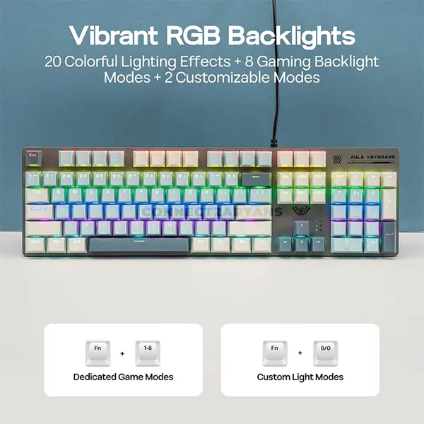 AULA S500 Light Grey + White + Light Blue Wired Mechanical Gaming Keyboard, Blue Switch, 104-Key Full-Size Layout, Zoned RGB Backlighting, Full-Key Anti-Ghosting, Metal Matte Panel, Retro Three-Tone Keycaps