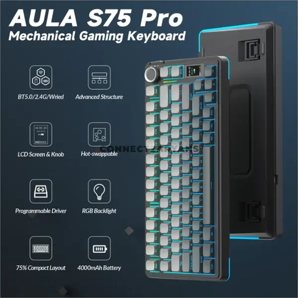 AULA S75 Pro Gradient Grey Wireless Mechanical Gaming Keyboard, 75% 84-Key Layout, Star Vector Linear Switches, Hot-Swappable, Tri-Mode 2.4GHz/Bluetooth/USB-C, Gasket Mount, RGB & Metal Knob AULA Store